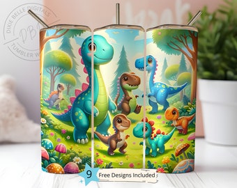 Könnte beinhalten: Ein Set aus drei 20 oz Edelstahl-Bechern mit einem farbenfrohen Cartoon-Design, das Dinosaurier in einer Waldlandschaft zeigt. Die Becher sind perfekt für den täglichen Gebrauch und ein tolles Geschenk für Dinosaurier-Liebhaber.