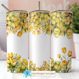 Butter Yellow Tulips 20 oz Skinny Tumbler Sublimation Design Digital Download PNG Instant DIGITAL, Floral Tumbler Wrap