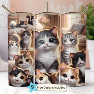 Süße Katzen Becher 20 Unzen Skinny Tumbler Sublimation Design Digitaler Download PNG Instant DIGITAL, Cute Tumbler Wrap