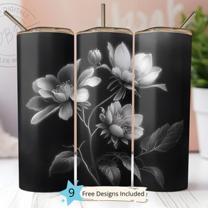 Black and White Flowers 20 oz Skinny Tumbler Sublimation Design Digital Download PNG Instant DIGITAL, Floral Tumbler Wrap