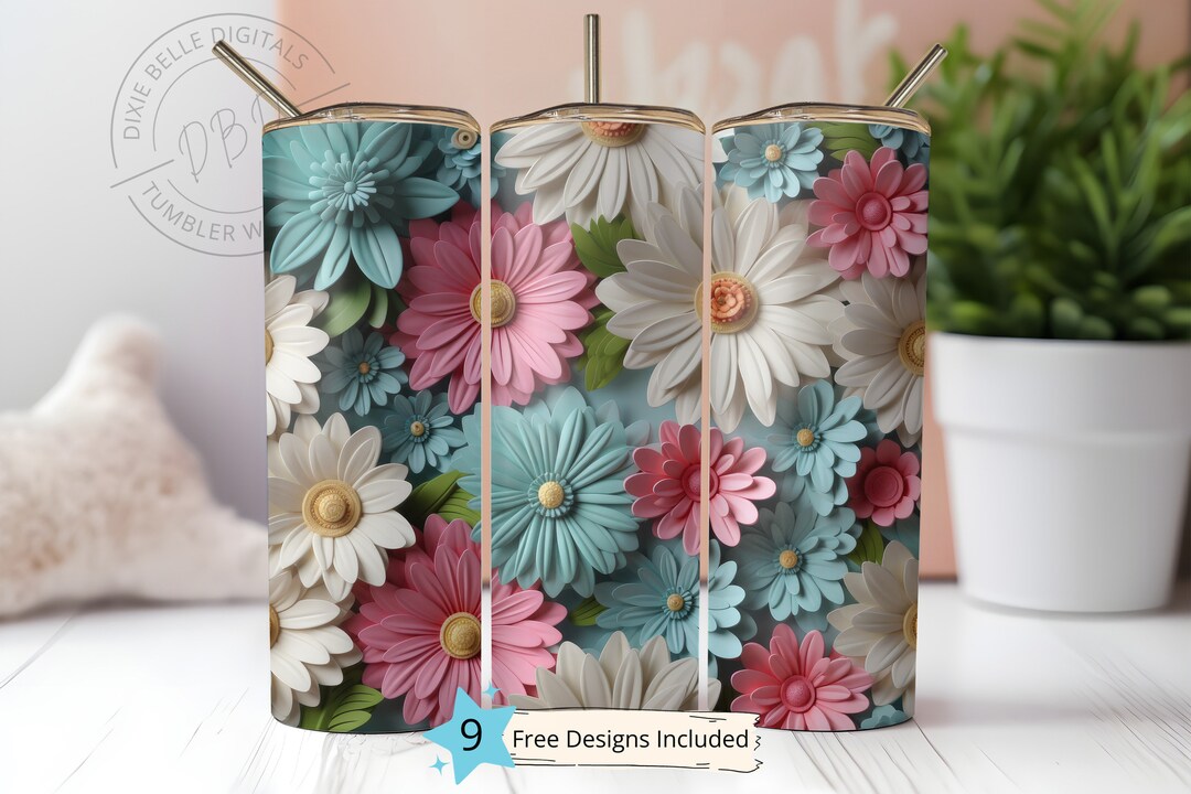 3D Seamless Pink Blue and White Daisies 20 Oz Skinny Tumbler ...
