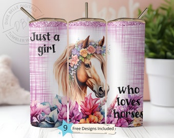 Häst PNG 20 oz smal tumbler sublimeringsdesign digital nedladdning PNG omedelbar digital, hästtumbler wrap bara en tjej som älskar hästar