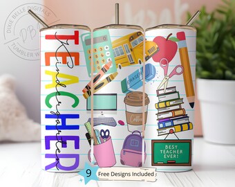 Kindergarten Teacher Tumbler PNG 20 oz Skinny Tumbler Sublimation Design Digital Download PNG Instant DIGITAL, Seamless Teacher Tumbler Wrap