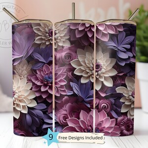 3D Seamless Dark and Light Purple Flowers 20 oz Skinny Tumbler Sublimation Design Digital Download Instant DIGITAL, 3D Floral Tumbler Wrap