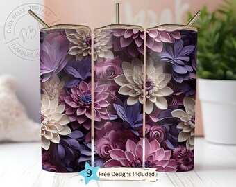 May include: Three stainless steel tumblers with a floral design. The tumblers feature a close-up of paper flowers in shades of purple, pink, and white.