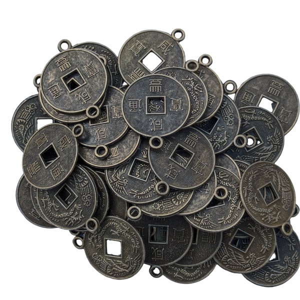 50pc Chinese Dynasty Coin Charms 19mm Reversible Two Sided Pewter Jewelry Making Supplies Destash Bulk Lot  Chinese Symbol Charms Dragons