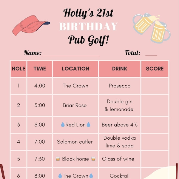 Customisable Pub Golf Templates - Pink Pint Template