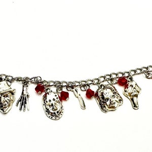 Halloween Charm Bracelets. Your favorite movie characters; Freddy, Jason, IT, SCREAM, Chucky all adorned w droplets of blood on a bracelet!