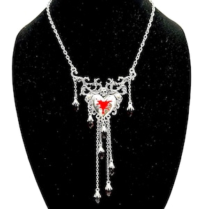 Dripping Heart & Skull Necklace – Gothic Bleeding Heart Pendant w Red Beads – Halloween Jewelry – 4 horror lovers, goth girls, vamp cosplay