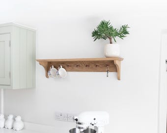 Handmade Solid Oak Shaker Peg Shelf: Coat Rack, Mug Rack