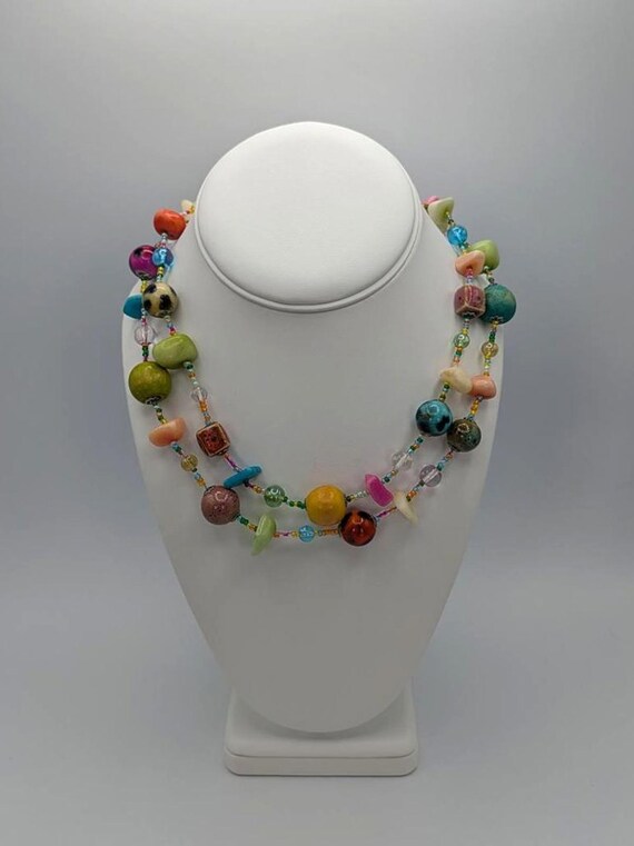 Vintage Colorful Beaded Multi-Stone and Ceramic Necklace