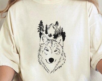 Vintage Comfort Colors® Wild Wolf Mountain-T-shirt | Retro natuurbos-T-shirt | Aesthetic Outdoors, uniseks shirt met print