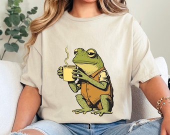 Funny Tired Lazy Frog Drinking Coffee T-Shirt, Meme Shirt, Gift Shirt, Unisex Cotton Tee