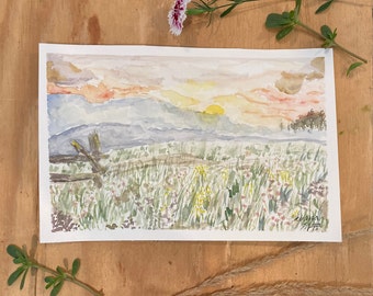 Hand painted, watercolor, mountain sunset scene
