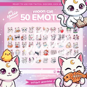 Può includere: Un download digitale con 50 emote Moon Cat per Twitch, Discord e Kick. Le emote raffigurano un gatto bianco con una luna crescente, che esprime diverse emozioni. L'immagine include il testo "Hi Yulie", "moon cat" e "download istantaneo".