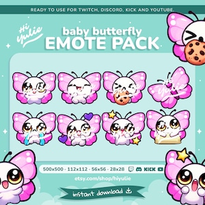 Cute Butterfly Emotes for Twitch and Discord, Kawaii Pink Streaming Emoticons, Cute Chat Emoji Pack