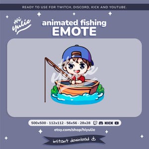 May include: Animated fishing emote featuring a cartoon character wearing a blue cap and red shirt, sitting in a wooden boat on blue water, holding a fishing rod.