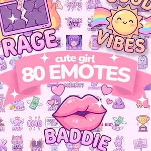 Pink Purple Girl Emotes (80+1) - Pastel Kawaii Chibi Twitch Discord - Anime Streaming Chat
