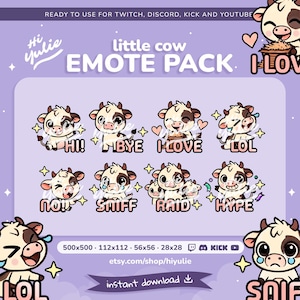 Małe emotikony krowy na Twitch i Discord, pakiet emotikon Kawaii Streamer, urocze emotikony krowy, emotikony Hype i Raid Twitch