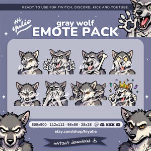 Grey Wolf Emotes for Twitch and Discord, Gaming Streamer Emotes, Angry Wolf Emote Pack, Hype and Raid Twitch Emotes