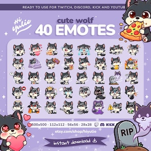 Op de afbeelding: Een verzameling van 40 schattige wolf-emotes, ideaal voor Twitch, Discord, Kick en YouTube. De afbeelding toont een paarse achtergrond met de tekst "cute wolf 40 emotes" en "instant download".