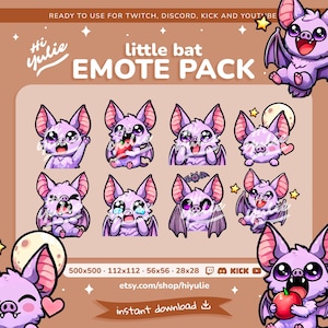 Lilac Bat Emotes for Twitch and Discord, Cute Streamer Emotes Pack, Kawaii Aesthetic Bat Emotes, Halloween and Vampire Twitch Emotes