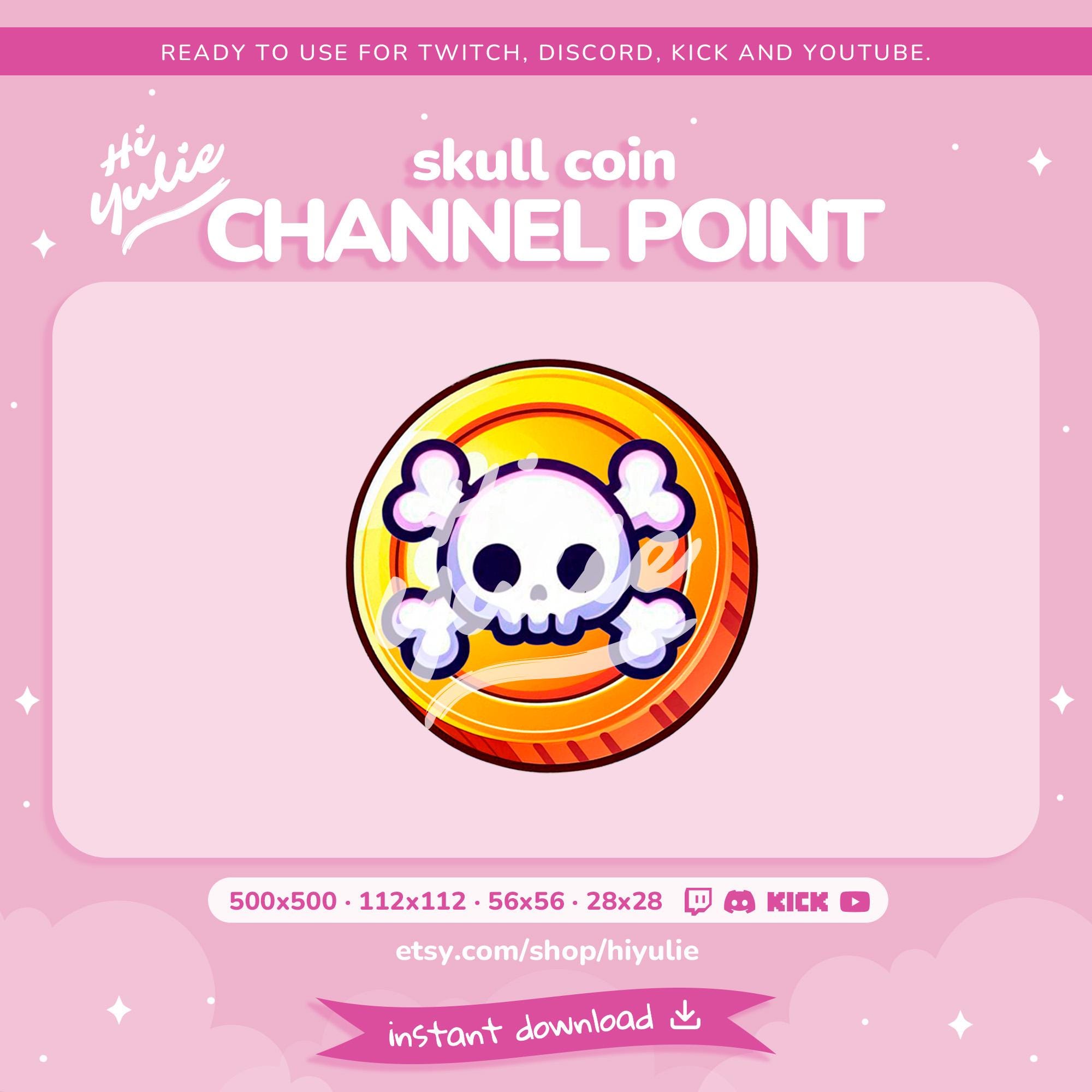 Twitch、Discord、Kick、YouTubeのスカルコインチャンネルポイント、コイン報酬アイコン