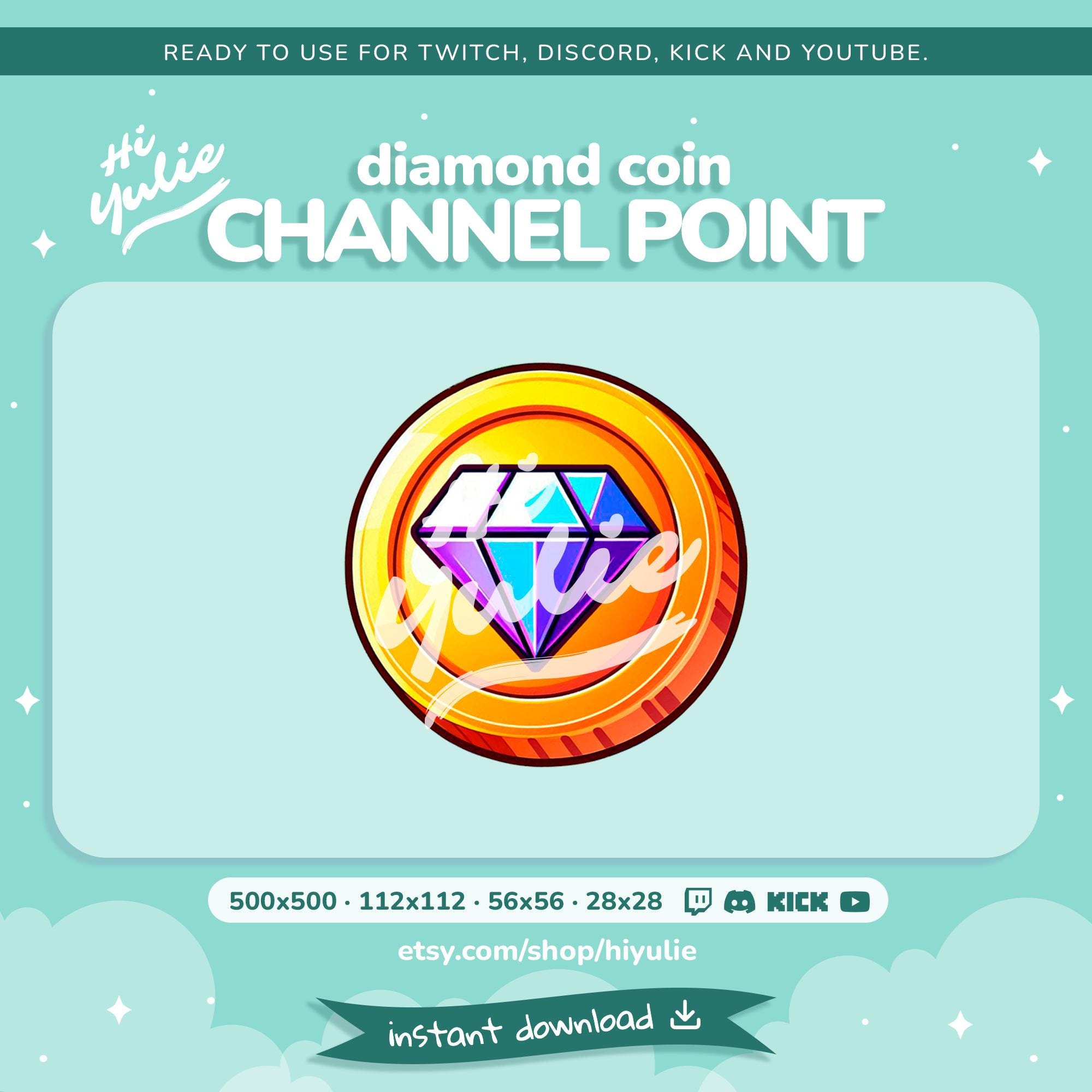 Twitch、Discord、Kick、YouTubeのダイヤモンドコインチャンネルポイント、ジェムコイン報酬アイコン