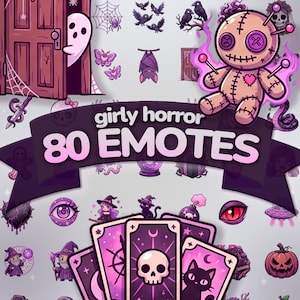 Peut inclure: Une collection numérique de 80 émoticônes présentant des illustrations d'horreur violettes et roses, incluant une poupée vaudou, des cartes de tarot, un fantôme, des chauves-souris, des crânes, des araignées et une citrouille, avec le texte girly horror 80 EMOTES.