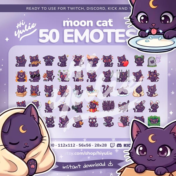 Emotes Moon Cat (50) - Discord Twitch Kawaii Chibi Kitty - Violet Noir Chat en streaming anime