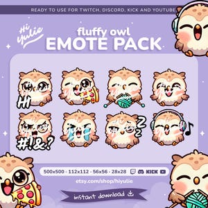 Emotes de búho esponjoso para Twitch y Discord, emoticonos adorables para streamers, paquete de emoticonos de búho bebé, emoticonos kawaii para Twitch