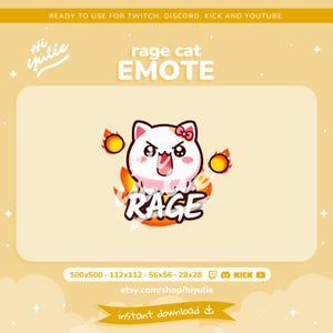 May include: A digital illustration of a white cat with a pink bow, expressing anger. The word "RAGE" is below the cat, with flames around it. The image is labeled "rage cat EMOTE" and includes text: "READY TO USE FOR TWITCH, DISCORD, KICK AND YOUTUBE."