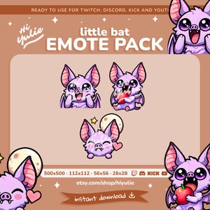 Lilac Bat Emotes for Twitch and Discord, Cute Streamer Emotes Pack, Kawaii Aesthetic Bat Emotes, Halloween and Vampire Twitch Emotes