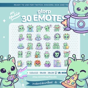 May include: A digital collection of 30 emotes featuring a light green alien cat character in various poses and expressions. The set includes illustrations of the cat with pizza, in a spaceship, crying, sleeping, and eating, labeled as Glorp 30 Emotes.