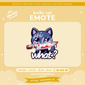 Knife Cat &quot;What?&quot; Emote for Twitch, Discord, Kick and YouTube, Funny Cat Emote, Mischievous Bloody Cat Asset for Streamers