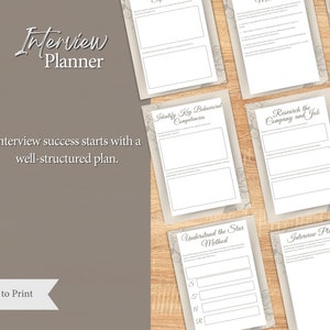 Può includere: Un planner per colloqui stampabile con uno sfondo beige e un design floreale. Il planner include sezioni per identificare le competenze comportamentali chiave, ricercare l'azienda e il lavoro, comprendere il metodo STAR e un planner per colloqui.