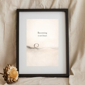 May include: A framed print with the text "Becoming is not linear." The artwork features a minimalist design with a single, looping line. The frame is black, and the print has a neutral color palette. The words "HEALING WORDS" are at the bottom.