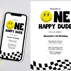 One Happy Dude Birthday Invitation, Happy Face, Template, Mobile, Editable, Boy, Download, Print (5x7), Phone Invitation (x2), Bundle