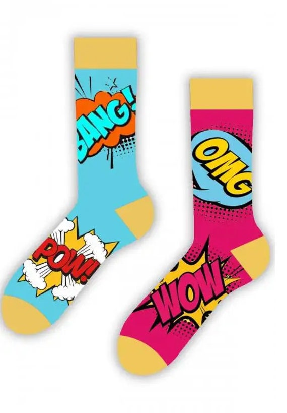 Multicolored BANG POW Socks, Comic Book Inspired Superhero Footwear for Men and Women, Gift for Her, Gift for Him