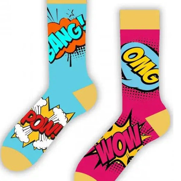 Multicolored BANG POW Socks, Comic Book Inspired Superhero Footwear for Men and Women, Gift for Her, Gift for Him