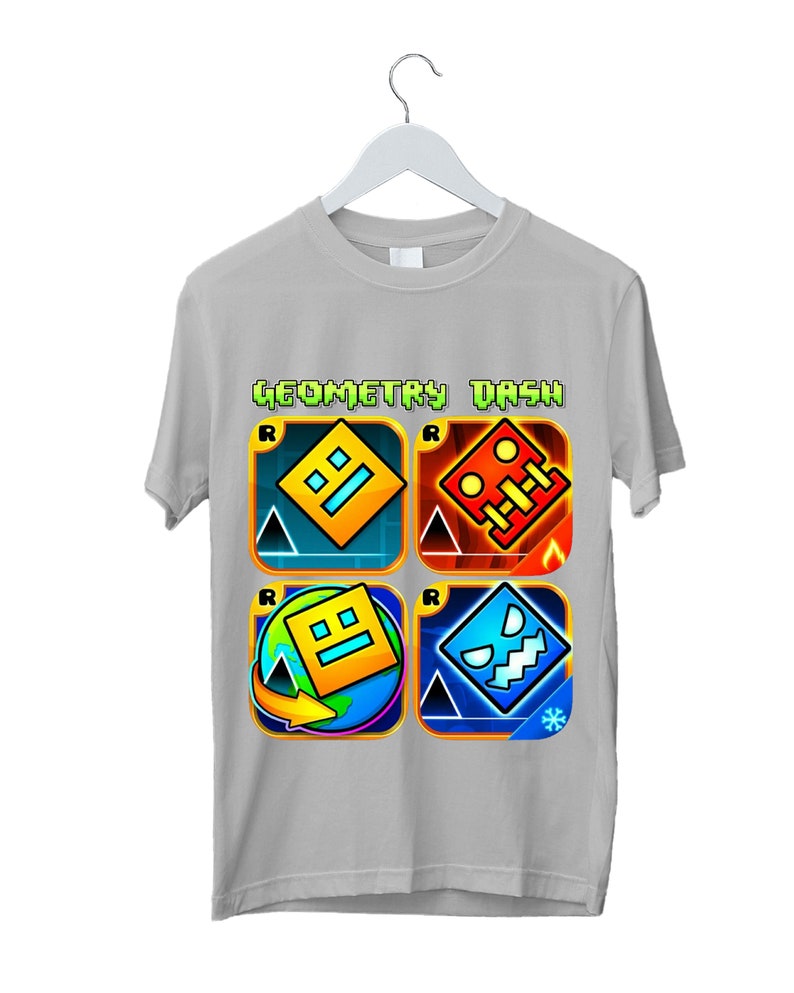 Geometry Dash T-Shirt for Kids Geometry Dash Birthday Gifts For Kids Gaming T-Shirt Geometry Dash Characters Tee Unisex Kids Adults Heather Grey