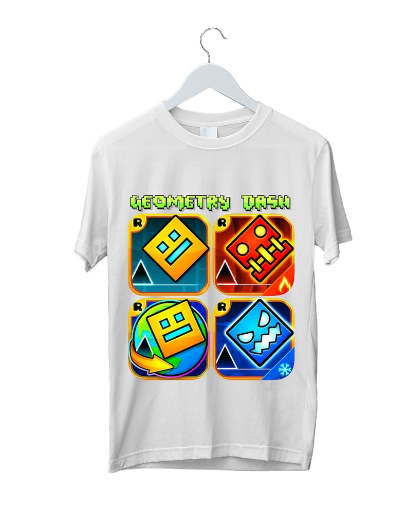 Geometry Dash T-Shirt for Kids Geometry Dash Birthday Gifts For Kids Gaming T-Shirt Geometry Dash Characters Tee Unisex Kids Adults White