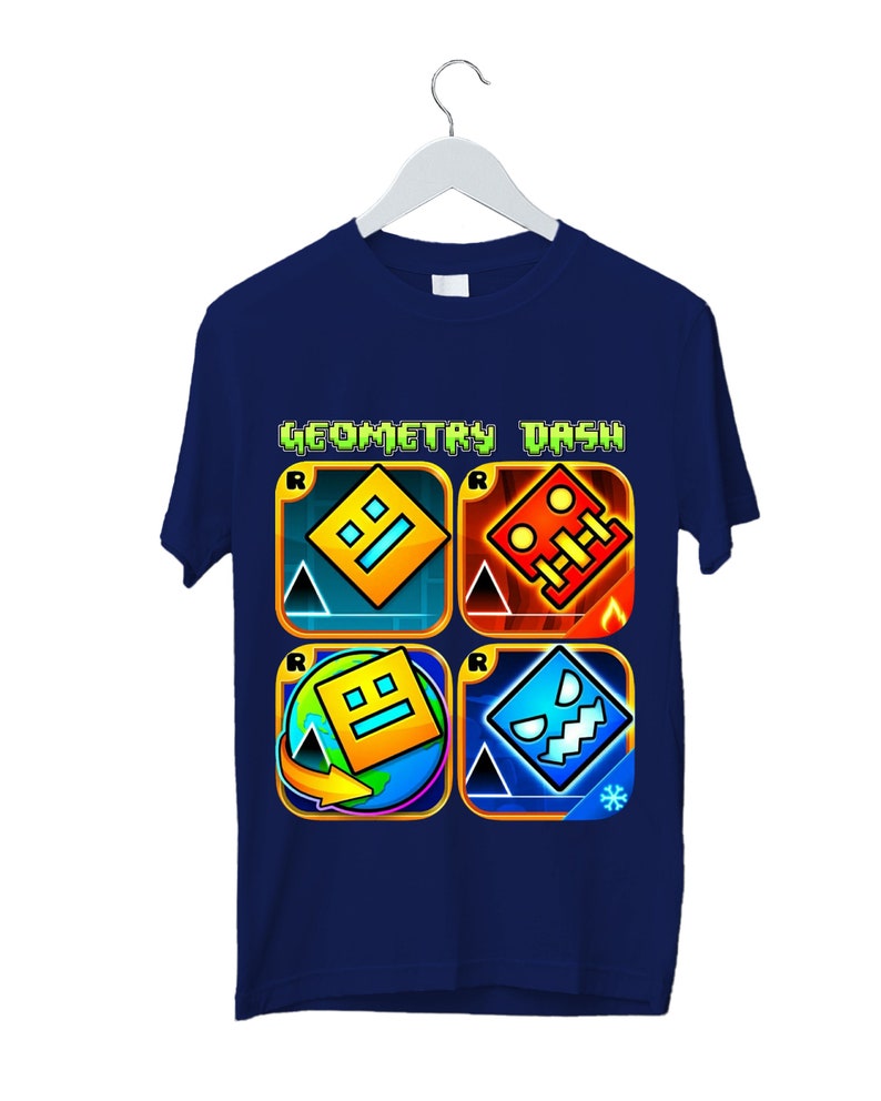 Geometry Dash T-Shirt for Kids Geometry Dash Birthday Gifts For Kids Gaming T-Shirt Geometry Dash Characters Tee Unisex Kids Adults Navy