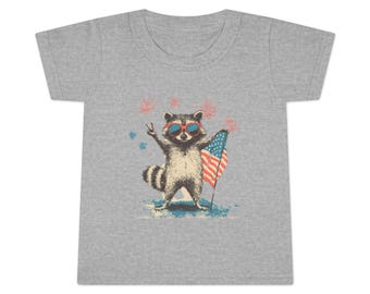 Patriotic Toddler T-Shirt, Cute Raccoon Graphic Tee, Kids Independence Day Shirt, Summer Outfit, 4th of July Celebration Wear