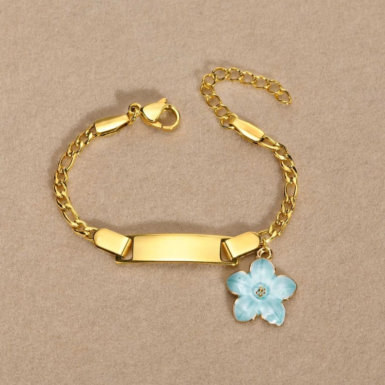 14K Gold Personalized Baby Bracelet Custom Name Flower Charms Engraved