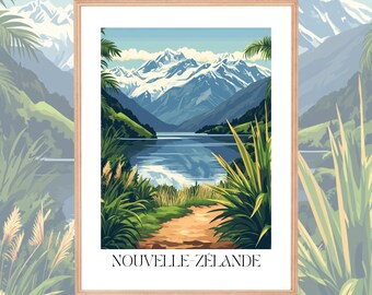 New Zealand Retro Poster – Vintage Vector Illustration – Mountains and Lake Landscape – Nature Wall Decor – Boho Travel Poster