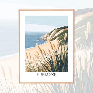Póster de acantilados de Bretaña: paisaje costero minimalista, póster de viaje de naturaleza oceánica junto al mar, hierba de playa