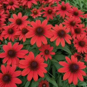 May include: A close-up of a patch of red coneflowers in bloom. The flowers have a dark red center and are surrounded by green leaves.