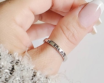 Engraved "She believed she could, so she did" Solid 925 Sterling Silver Ring Band, Dainty Stack