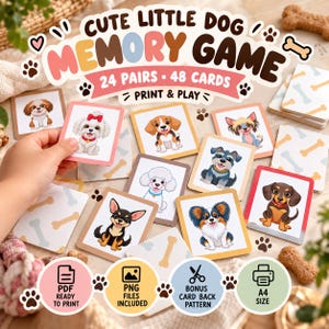 Op de afbeelding: Een geheugenspel met 48 kaarten voorzien van illustraties van diverse hondenrassen. De kaarten hebben kleurrijke randen en botpatronen. De tekst bevat CUTE LITTLE DOG MEMORY GAME, 24 PAIRS, 48 CARDS, PRINT & PLAY, PDF READY TO PRINT, PNG FILES INCLUDED, BONUS CARD BACK PATTERN en A4 SIZE.